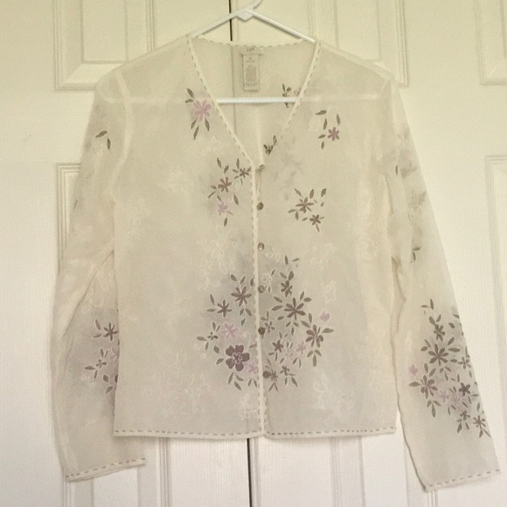 J. Jill- Sheer Cream Cardigan w/Embroidered Floral Design Cardigan